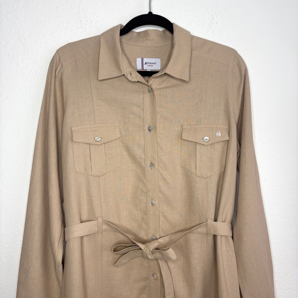 Ponant France Linen Blend Tan Long Sleeve Button Down Dress With Belt Size Small - Picture 2 of 10